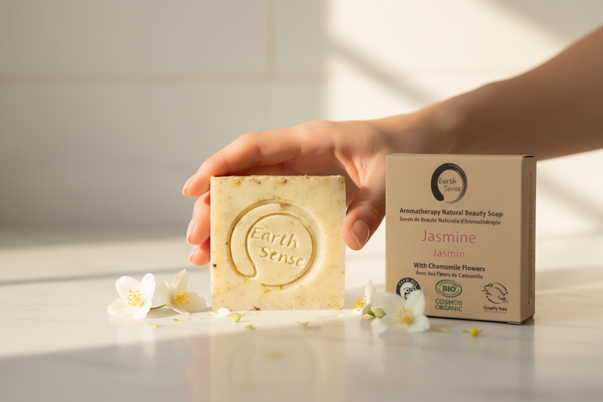 Savon solide bio jasmine tenu en main - Debuno