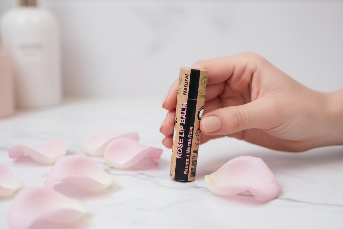 Baume à lèvres bio rose tenu en main - Debuno