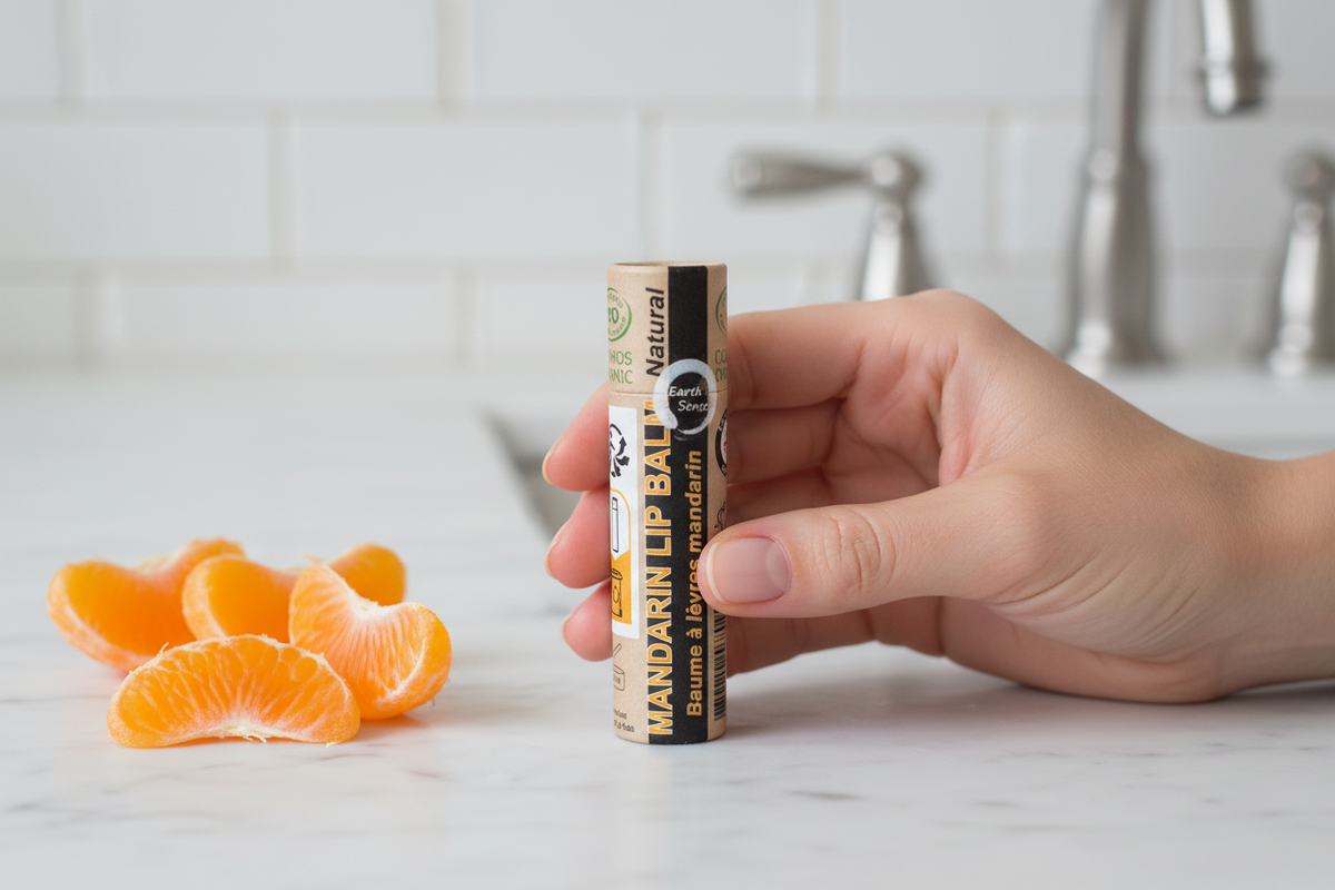 Baume à lèvres bio mandarine tenu en main - Debuno
