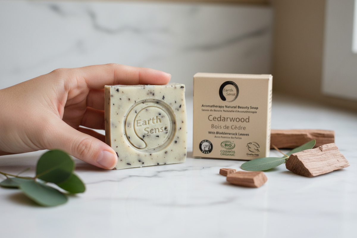 Savon solide bio bois de cèdre tenu en main - Debuno