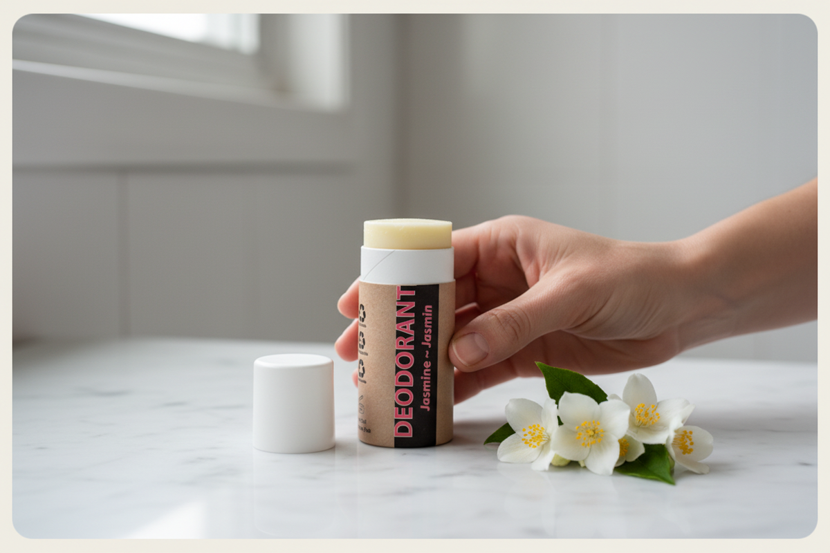 Déodorant naturel bio jasmine tenu en main - Debuno