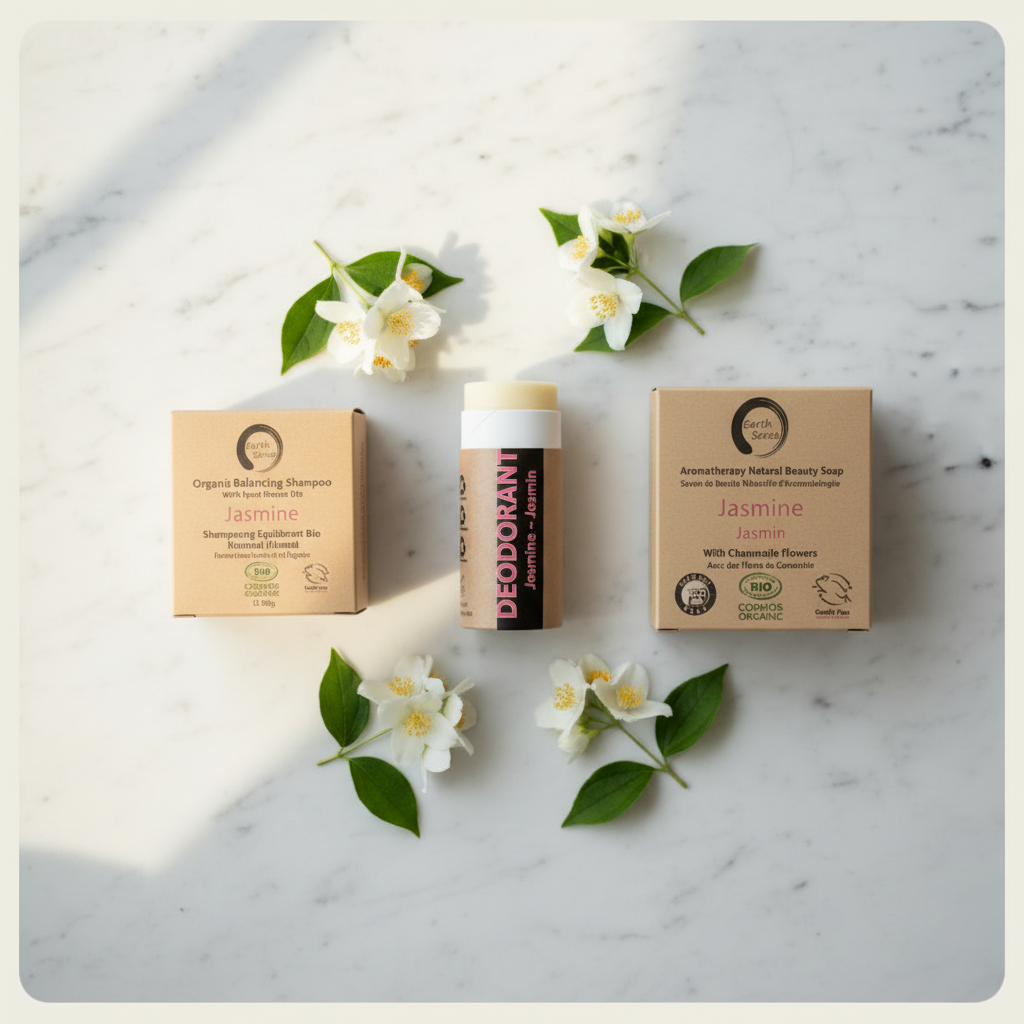 Coffret voyage bio jasmin - savon, shampoing et déodorant en emballages kraft - Debuno