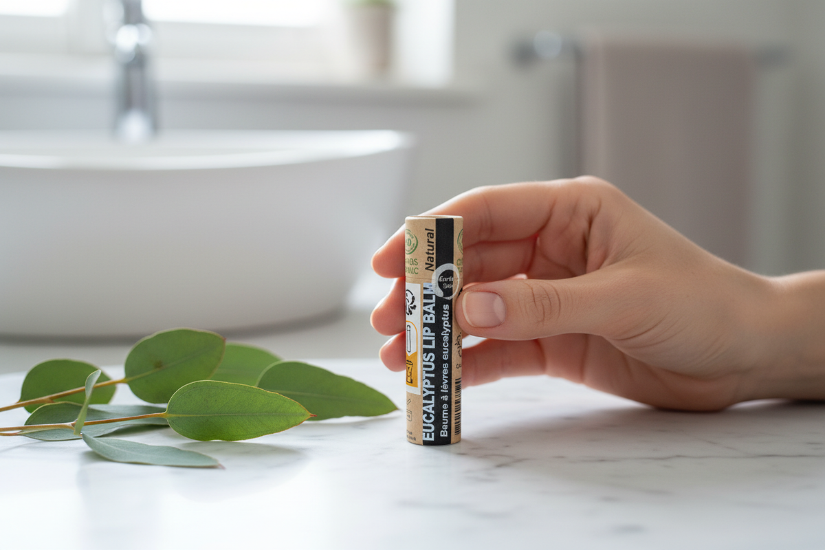 Baume à lèvres bio eucalyptus tenu en main - Debuno