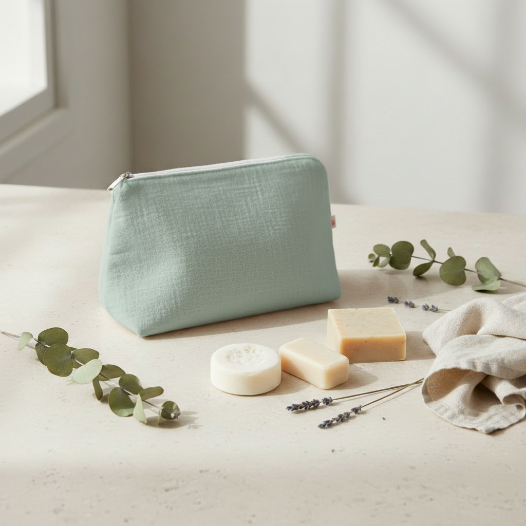 Trousse de toilette coton bio vert céladon univers Debuno