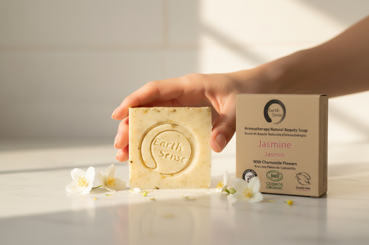 Savon solide bio jasmine tenu en main - Debuno