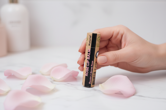 Baume à lèvres bio rose tenu en main - Debuno