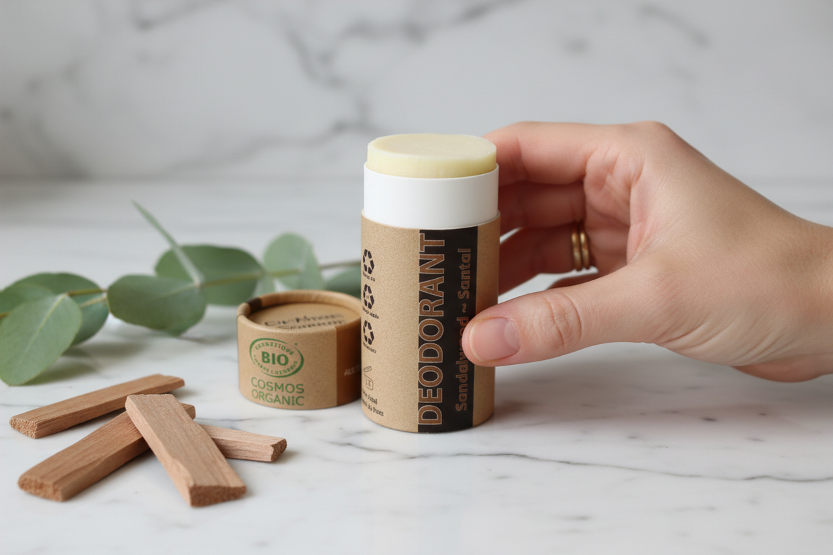 Déodorant naturel bio bois de santal tenu en main - Debuno