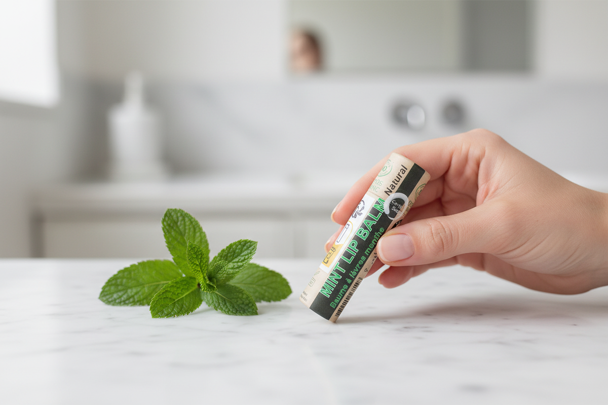 Baume à lèvres bio menthe poivrée tenu en main - Debuno