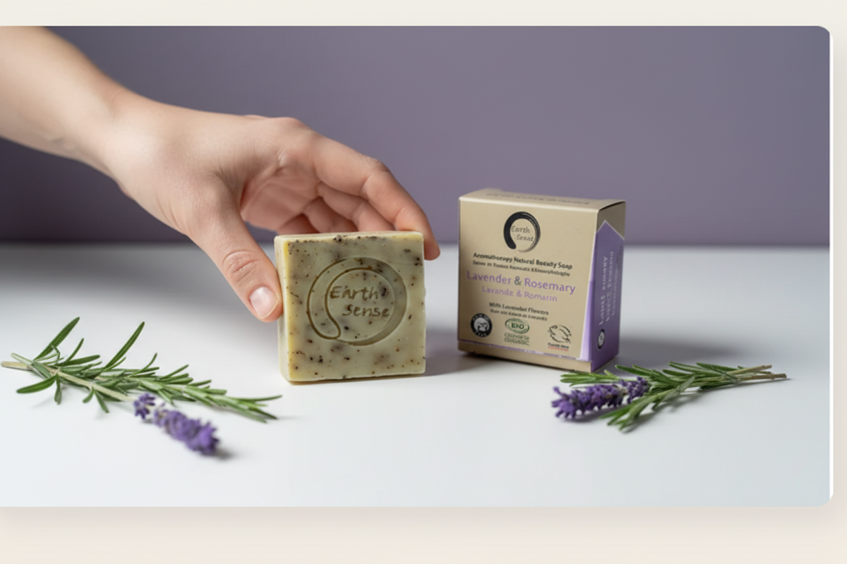 Savon solide bio lavande romarin tenu en main - Debuno
