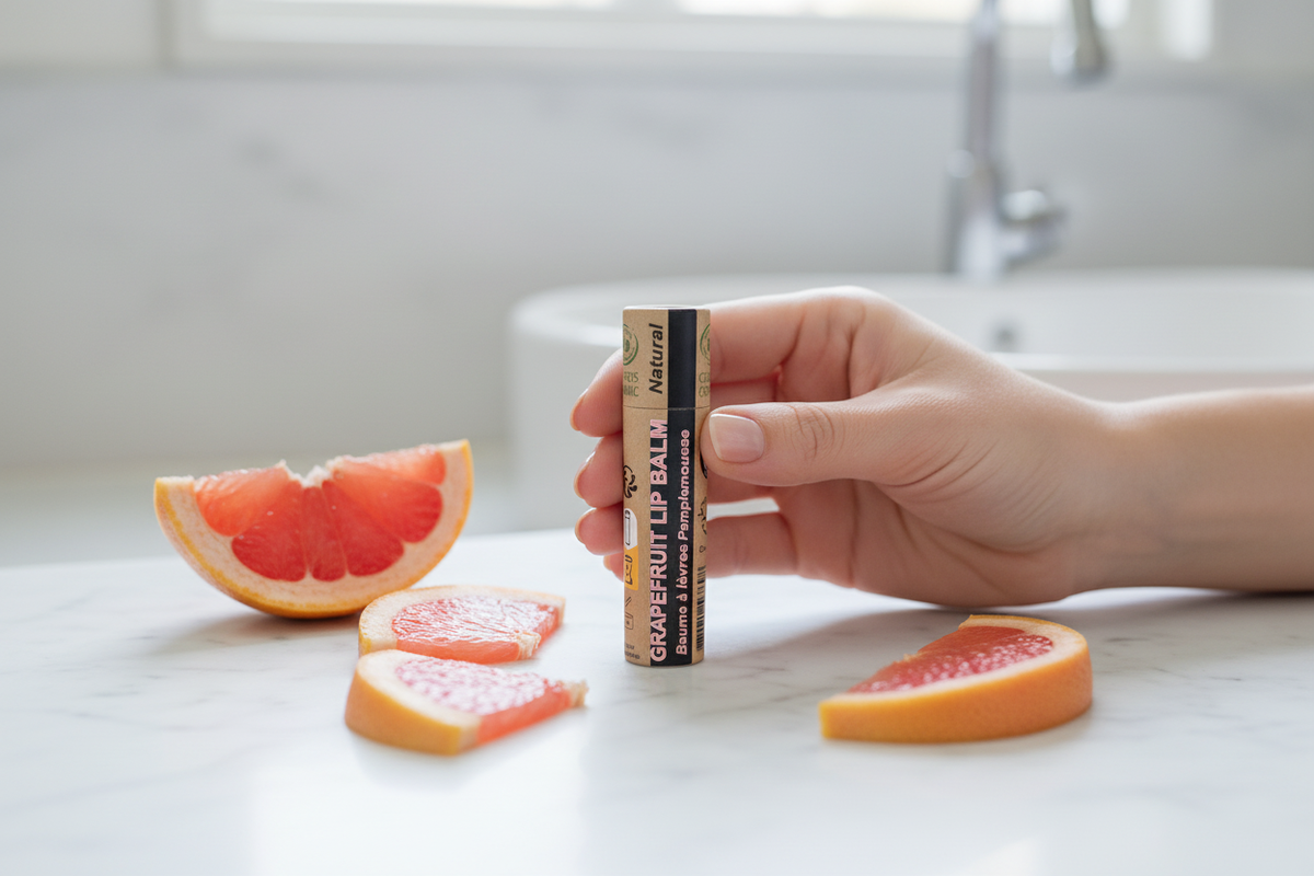 Baume à lèvres bio pamplemousse tenu en main - Debuno