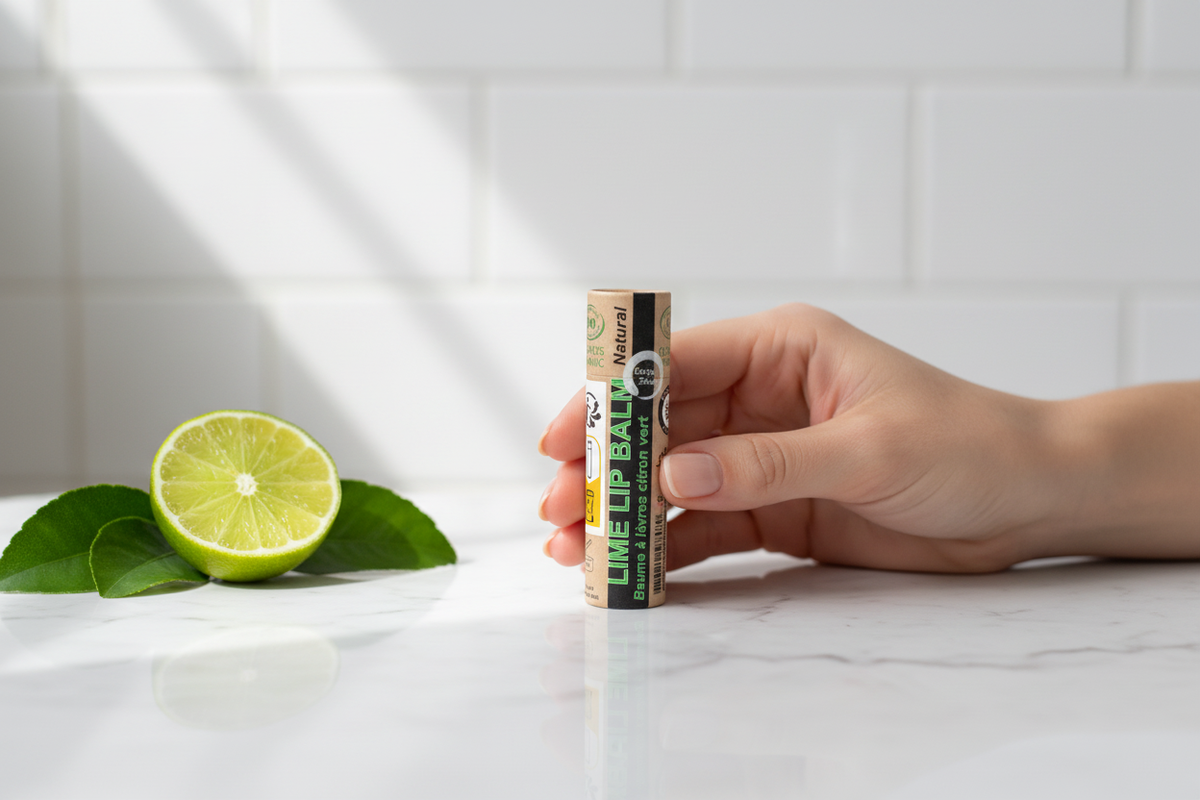 Baume à lèvres bio citron vert tenu en main - Debuno