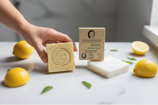 Savon solide bio citron citron vert tenu en main - Debuno