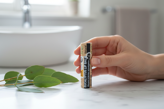 Baume à lèvres bio eucalyptus tenu en main - Debuno