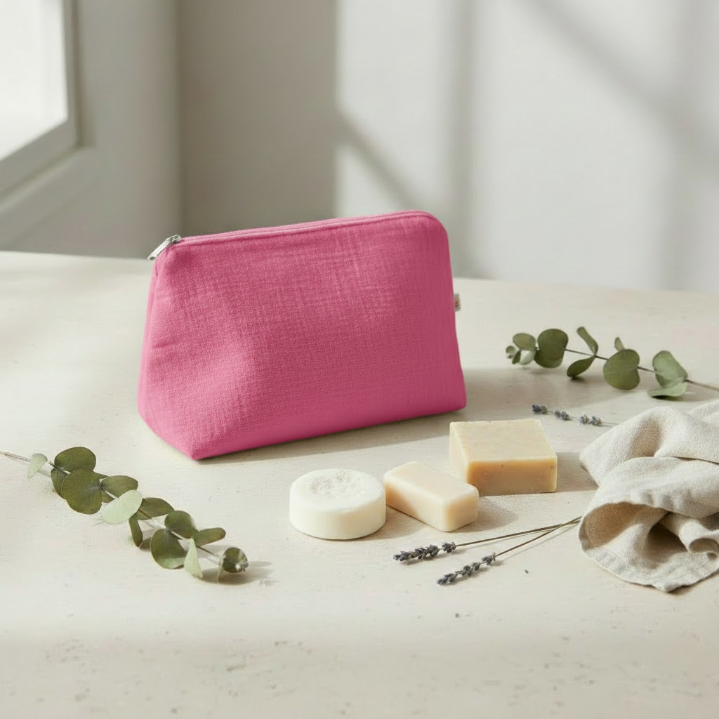 Trousse de toilette coton bio rose framboise univers Debuno